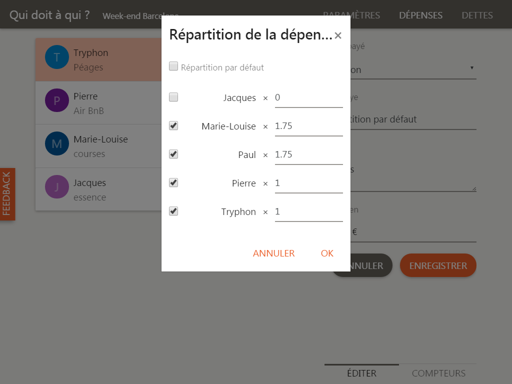 Diviser une dépense partagée, sur tablette