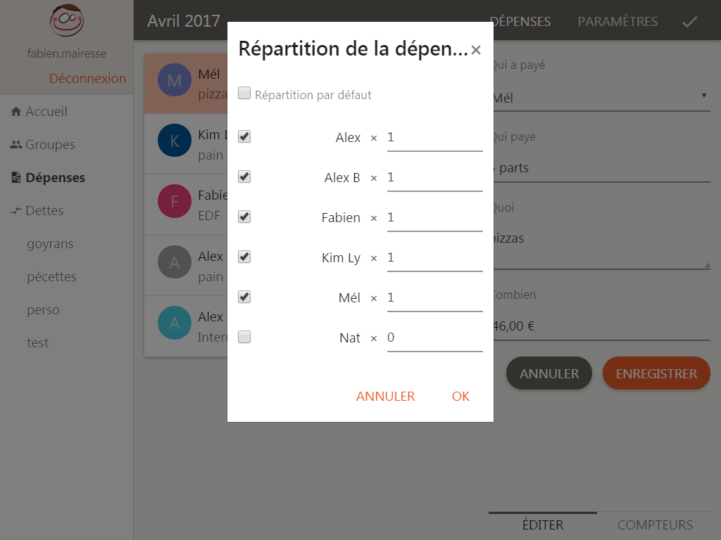 Diviser une dépense partagée, sur tablette