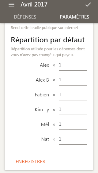 Réglage de la répartition par défaut, sur mobile