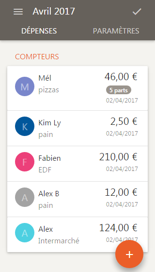 Liste des dépenses partagées pour le mois d’avril, sur mobile